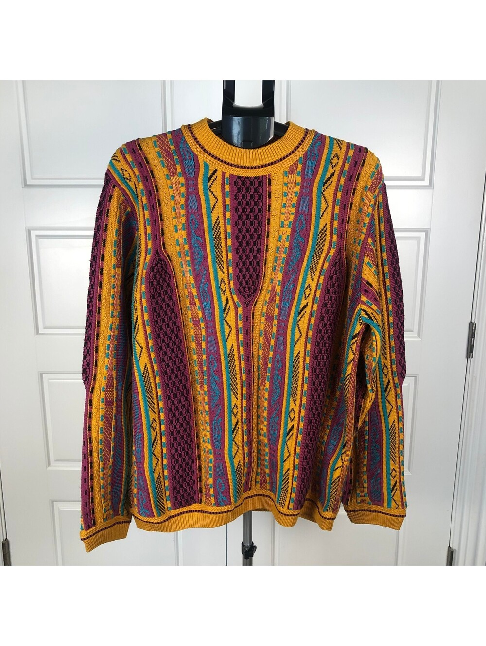 Maximalist 90s Coogi-Style Steven Land Knit Sweater Mustard Multicolor Sz L